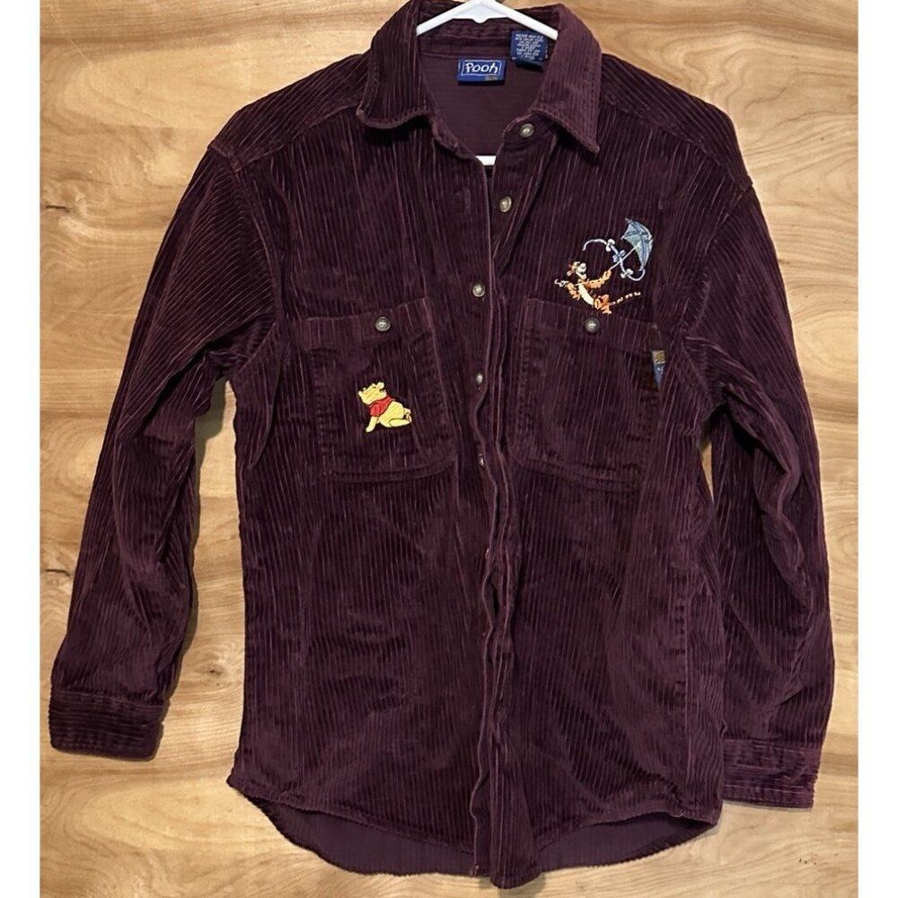 Vintage 90s Pooh Tigger Corduroy Small Button Down Long Sleeve Shirt Embroidered